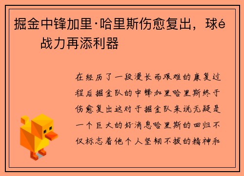 掘金中锋加里·哈里斯伤愈复出，球队战力再添利器